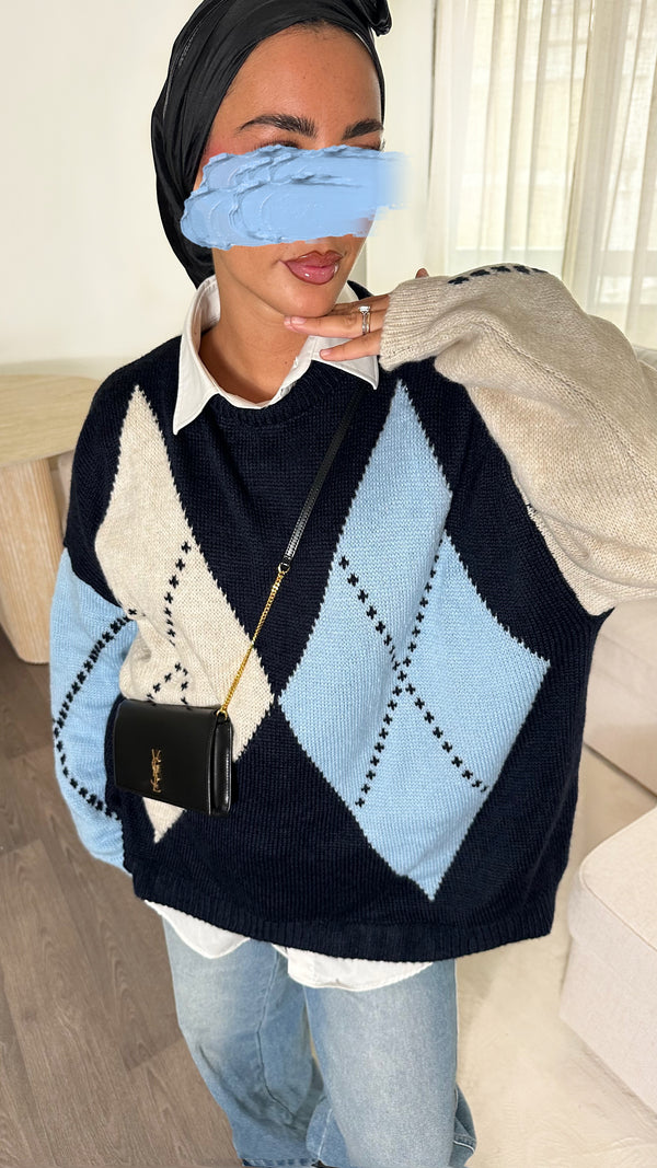 PULL À CARREAUX • BLEU