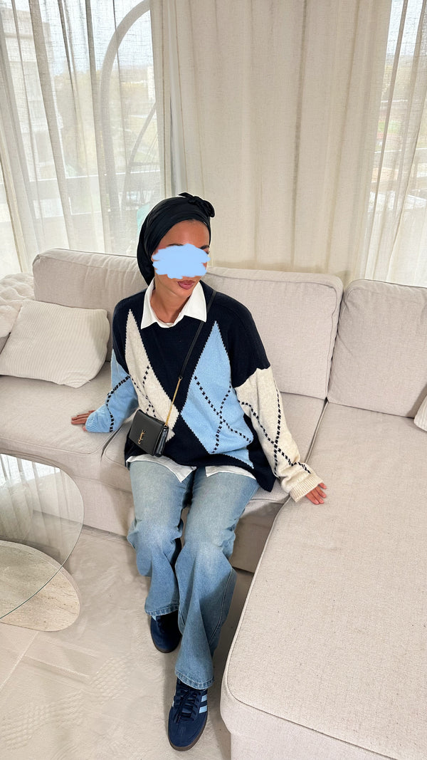 PULL À CARREAUX • BLEU